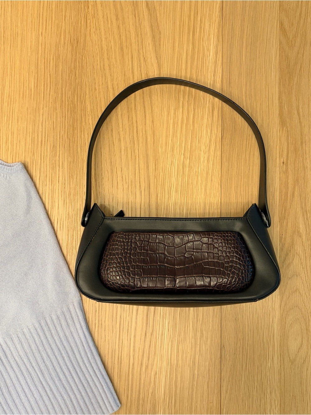 Chocolate Shoulder Bag with Dark Brown embossed Croc Pocket